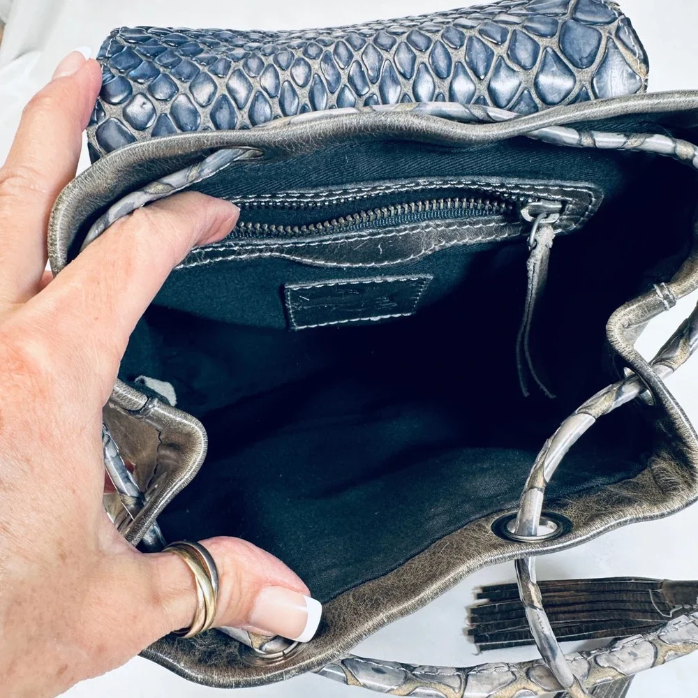 Distressed Leather Mini Backpack Blue Snake Embossed Flap Pockets Buckle Closure